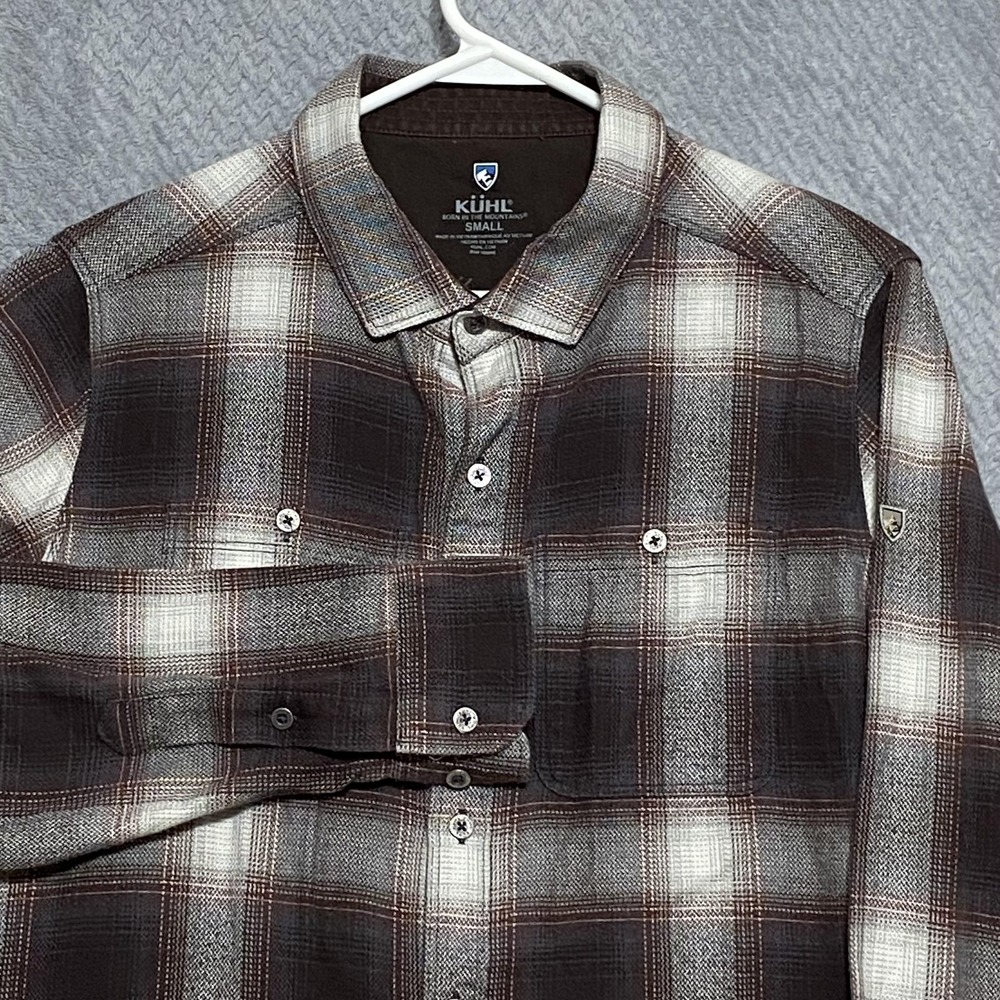 Kuhl Shirt Mens Small Brown Plaid Flannel Snap Front Long Sleeve Pockets Outdoor